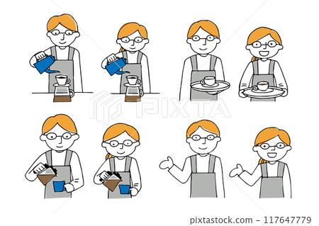 A set of male and female cafe clerks wearing glasses A set of male and female cafe clerks wearing glasses 117647779
