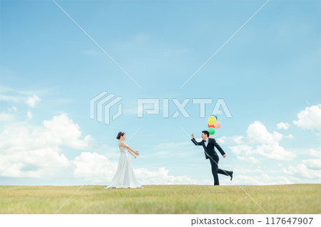 新娘和新郎有空背景（婚禮、婚禮儀式、新娘、外景照片、照片婚禮） 117647907