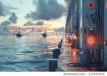 Electric powered boats moored at the pier. AI Generated. 117647939