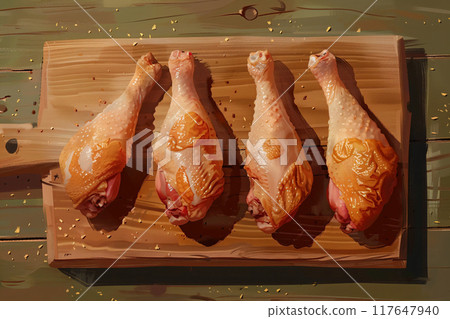 Raw chicken legs on wooden background. AI Generated. 117647940