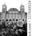 Flowers in the flowerbed and European-style architecture 117648524
