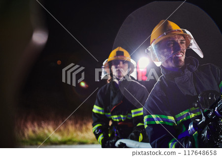 Firefighters using a water hose to eliminate a fire hazard. Team of female and male firemen in dangerous rescue mission. Firefighters using a water hose to eliminate a fire hazard. Team of female and male firemen in dangerous rescue mission. 117648658