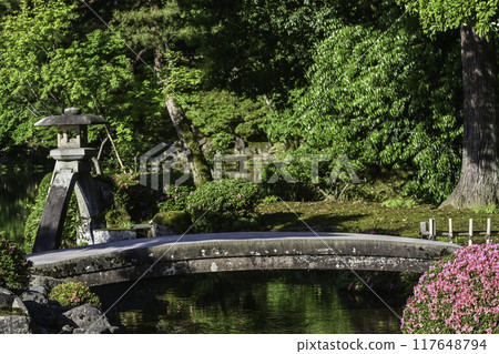 Beautiful fresh greenery in Kenrokuen with azaleas blooming Beautiful fresh greenery in Kenrokuen with azaleas blooming 117648794