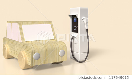 The wood car and ev station for technology concept 3d rendering. The wood car and ev station for technology concept 3d rendering. 117649015
