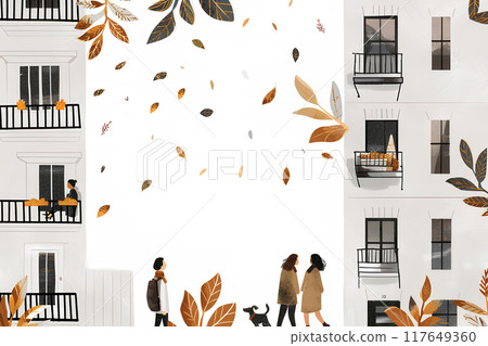 Autumn landscape with an apartment building 117649360