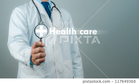 Doctor hold magnifying glass with plus sign, Health insurance and medical check up concept, Medical information search, Concept of treating disease, Insurance concept, Concept for commercial business. Doctor hold magnifying glass with plus sign, Health insurance and medical check up concept, Medical information search, Concept of treating disease, Insurance concept, Concept for commercial business. 117649368