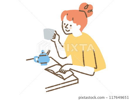 A woman drinking coffee and reading a book_Color 117649651