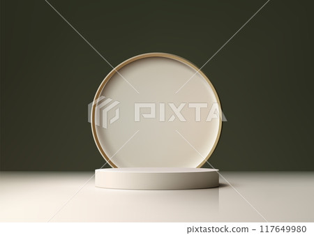Luxury 3D Product Display White Cylindrical Pedestal and Gold Rimmed Circular Podium Against a Deep Green Background, Modern Elegant Design for Showcase Luxury 3D Product Display White Cylindrical Pedestal and Gold Rimmed Circular Podium Against a Deep Green Background, Modern Elegant Design for Showcase 117649980