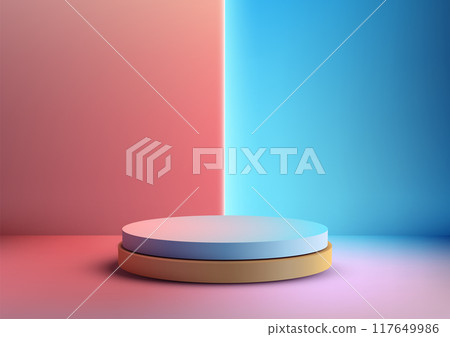Illuminated 3D Cylinder Podium with Neon Pink and Blue Lighting, Abstract and Contemporary Design for Technology Showcase 117649986