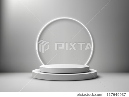 3D White Podium with Layers and Circular Light Frame, Modern and Product Display for Clean Gray Background 117649987