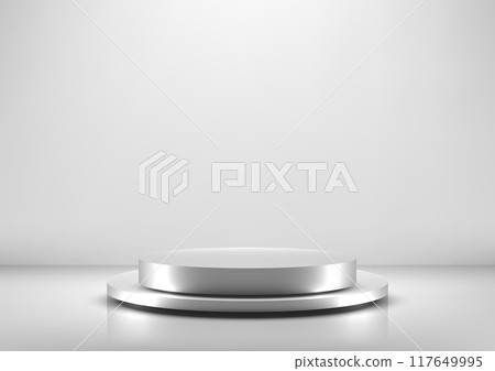 Minimalist 3D Silver Podium with Reflective Surface and Spotlight, Elegant Platform for Product Display on White Background, Modern Design for Showcase Minimalist 3D Silver Podium with Reflective Surface and Spotlight, Elegant Platform for Product Display on White Background, Modern Design for Showcase 117649995