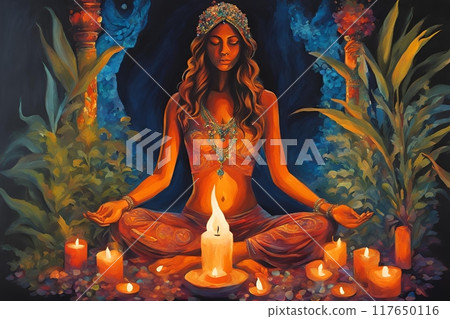 oil paint artistic image of beautiful woman in yoga pose all shakra colors glow around her she is surrounded oil paint artistic image of beautiful woman in yoga pose all shakra colors glow around her she is surrounded 117650116