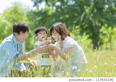 Three-person family playing in a fresh green park Three-person family playing in a fresh green park 117650190