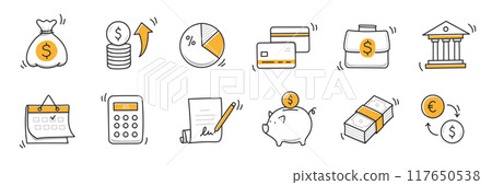 Money finance doodle hand drawn icon set. Finance business, money, bank sketch drawn cute trendy doodle icon. Business bank sketchy calculator, increase economic goal elements. Vector 117650538