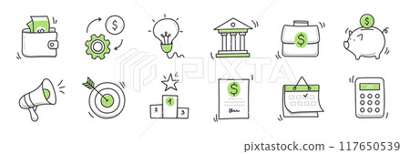 Hand drawn doodle business, money icon set. Finance, money, marketing sketch drawn cute trendy line doodle icon. Business bank, finance calculator, economic goal elements. Vector 117650539