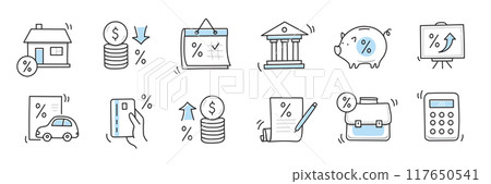 Loan interest rate doodle icon set. Hand drawn sketch doodle line style bank money loan interest rate icon for house, car discount percentage concept. Trendy cute element. Vector Loan interest rate doodle icon set. Hand drawn sketch doodle line style bank money loan interest rate icon for house, car discount percentage concept. Trendy cute element. Vector 117650541
