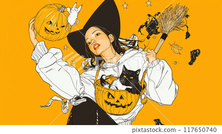 Witch with flying broom and pumpkin basket 117650740