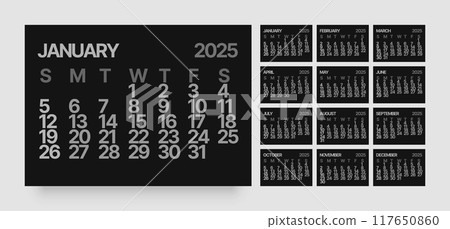 Monthly calendar for 2025 year. Starts on Sunday. 117650860