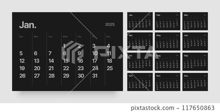 Monthly calendar for 2025 year. Starts on Sunday. Monthly calendar for 2025 year. Starts on Sunday. 117650863