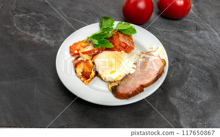 Fried Egg with Tomatoes and Bacon on a Plate 117650867
