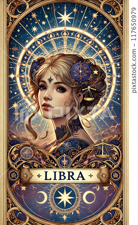A woman with a crown on her head and the word LIBRA written below her 117650979