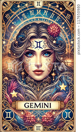 A woman with blue eyes and a flower on her head 117650980