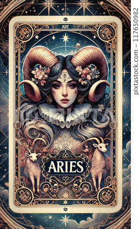 A woman with horns on her head and a goat and a ram on either side of her A woman with horns on her head and a goat and a ram on either side of her 117650982