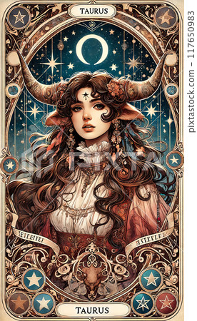 A woman with horns on her head and a star on her forehead A woman with horns on her head and a star on her forehead 117650983