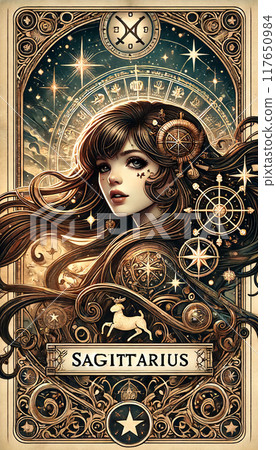 A woman with long hair and horns on her head A woman with long hair and horns on her head 117650984