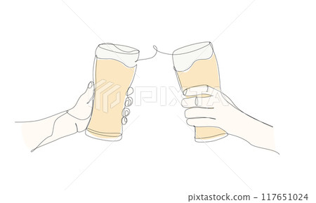 Illustration of a toast with beer, drawn in one stroke Illustration of a toast with beer, drawn in one stroke 117651024