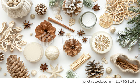 Christmas ornaments decorations Flat lay on white or beige color background. Top view 117651193