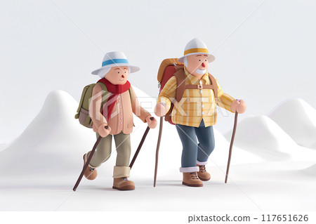 Seniors enjoying hiking and mountain walking 117651626