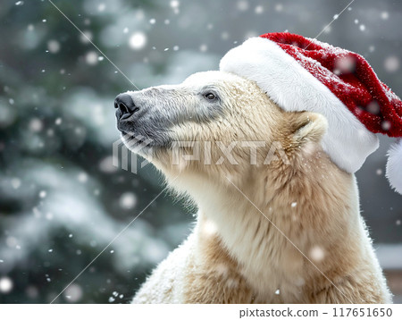 white polarbear christmas with red hat in snow with blurred light background white polarbear christmas with red hat in snow with blurred light background 117651650