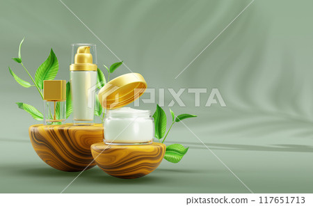 3d natural cosmetic products with green leaves on nature wood podium mockup banner. Beauty skin care cream, perfume, makeup cosmetics in glass bottles Realistic render ad promo poster. 3D illustration 117651713