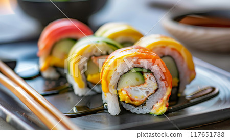Indulge in an upscale dining experience with Futo maki sushi rolls filled with a delicious combination of egg omelet, crab stick, cucumber, and pickled vegetables 117651788