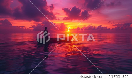 the silhouette of a lone wanderer on a small raft drifting under the soft light of twilight in the open ocean. The sky above is painted with hues of purple and orange as the sun sets on the horizon, 117651821