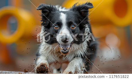 extraordinary agility and intelligence of the Border Collie in the thrilling world of agility competitions. Visualize this energetic dog navigating obstacle courses with precision and speed, 117651822