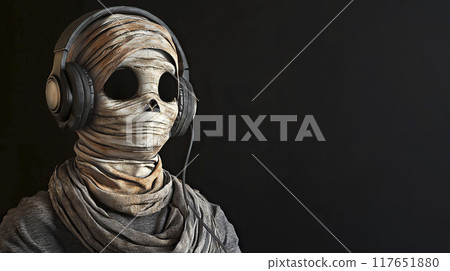 AI-generated item. Mummy wearing headphones on a dark background. 117651880