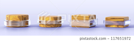 3d cylinder and cube wooden stand podium with glass decor for product display. Wood round and square box pedestal with plastic design, empty showcase platform isolated render icon set. 3D illustration 117651972