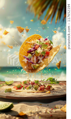 The corn tortilla is filled with beer-battered fish fillet, cabbage slaw, avocado crema, and pico de gallo salsa, suspended mid-air to emphasize its freshness and coastal flavors 117652194