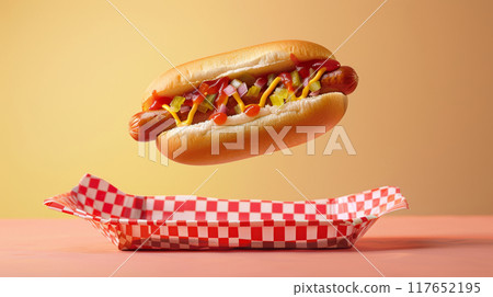 classic hot dog magically levitating above a red-checkered paper tray. The soft bun is topped with mustard, ketchup, relish, and diced onions, suspended mid-air to emphasize its iconic and timeless 117652195