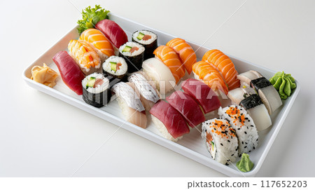 Experience the elegance of an Omakase-style sushi platter, meticulously curated by a skilled sushi chef. The platter features seasonal specialties and premium cuts of fish, including tuna, salmon, and 117652203
