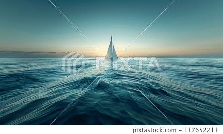 a vast expanse of ocean under a clear, expansive sky. In the center of the frame, a small yacht sails alone. The yacht appears tiny against the vastness of the sea and sky, emphasizing its isolation 117652211