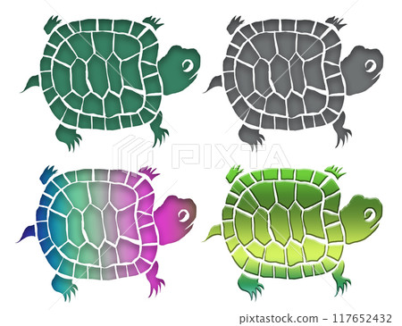 Four colorful images of woodblock-style turtle illustrations Four colorful images of woodblock-style turtle illustrations 117652432