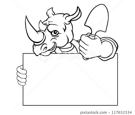 Gardener Rhino Cartoon Handyman Tool Mascot Gardener Rhino Cartoon Handyman Tool Mascot 117652534