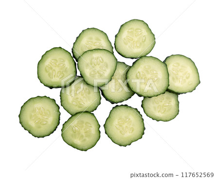 fresh pieces of cucumbers isolated on white background fresh pieces of cucumbers isolated on white background 117652569