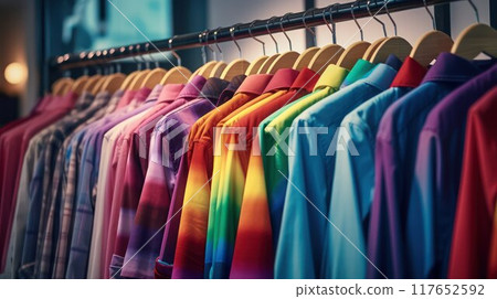 Hanger with colorful shirts. Set of clothes in rainbow colors. Wardrobe and Fitting room in a casual store 117652592