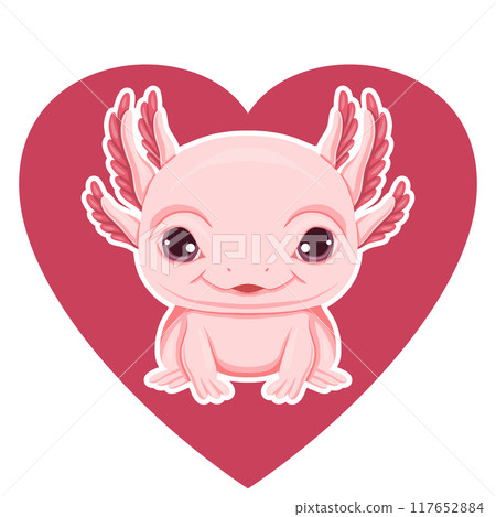 Vector illustration of cute cartoon pink axolotl in heart. Axolotl lover and keeper. Valentines day card. Clipart with cute amphibian 117652884
