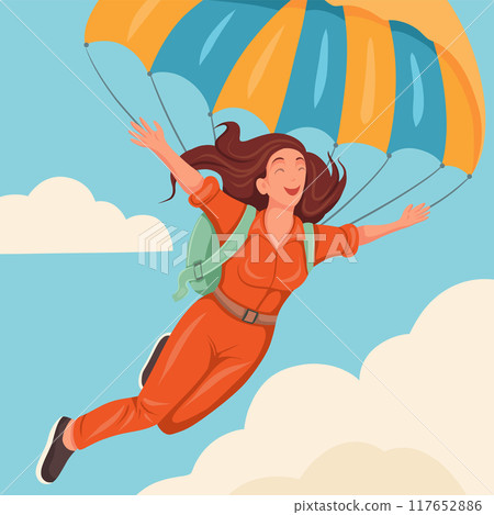 Vector illustration happy woman jumping with parachute. Skydiver soars in clouds. Extreme sport. Vector illustration happy woman jumping with parachute. Skydiver soars in clouds. Extreme sport. 117652886