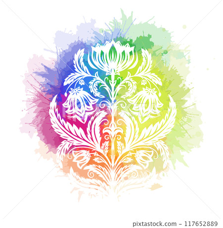 Vector decorative illustration of white silhouette floral arrangement on rainbow watercolor splashes. Ornate flourish clip art with cornflower Vector decorative illustration of white silhouette floral arrangement on rainbow watercolor splashes. Ornate flourish clip art with cornflower 117652889